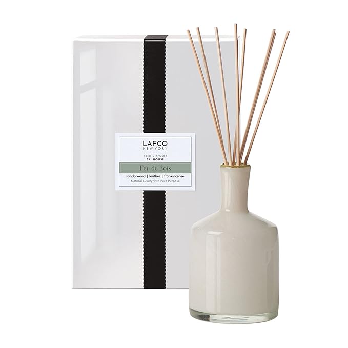 LAFCO New York Signature Reed Diffuser, Feu de Bois - 15 oz - Up to 9 Months Fragrance Life - Reusable, Hand Blown Glass Vessel - Natural Wood Reeds - Made in The USA
