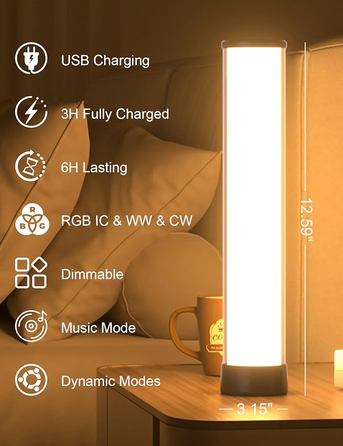 Rechargeable Table Lamp, RGB IC LED Light Bar with APP & Remote Control, 32cm TV Backlights with Music Sync, Color Changing Ambient Lighting for Bedside Table, Desk, Monitor, Gaming Black