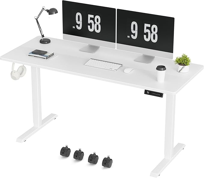 Furmax Electric Standing Desk, 59 x 24 Inches Height Adjustable Desk with Wheels, Home Office Computer Desk with Management Box (White)