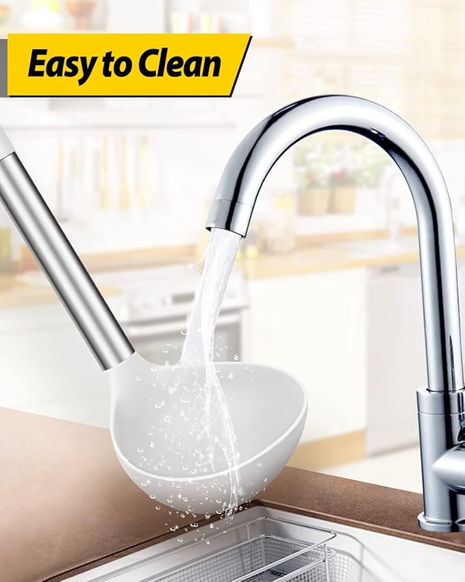 Pack of 2 Ladle Spoon,Silicone Large Spoon for Soup,Non Stick Kitchen Utensils with High Heat Resistant,BPA Free Perfect Kitchen Tools for Cooking, Stirring,Serving Soups (BLACK-WHITE)