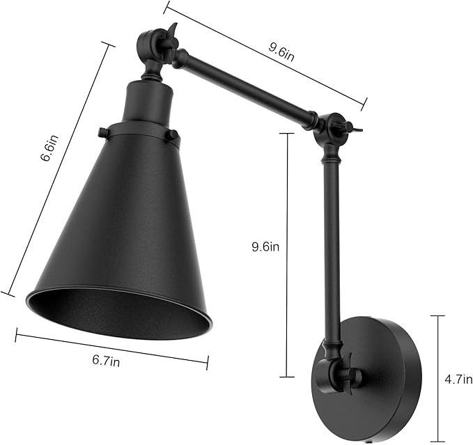 2-Pack Battery Operated Swing Arm Led Wall Sconces with Remote & 5500mAh Rechargeale Light Bulbs, 3-Color Dimmable Indoor Non-Hardwired Metal Wall Light for Bedroom Living Room Kitchen(Black)