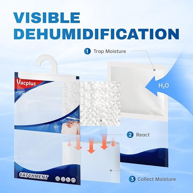 Vacplus Moisture Absorber, 10 Pack Portable Dehumidifiers for Closet and Enclosed Space, 14 OZ Dehumidifier Bags Effectively Trap Extra Moisture, Hanging Moisture Absorbers Eliminate Unpleasant Smell