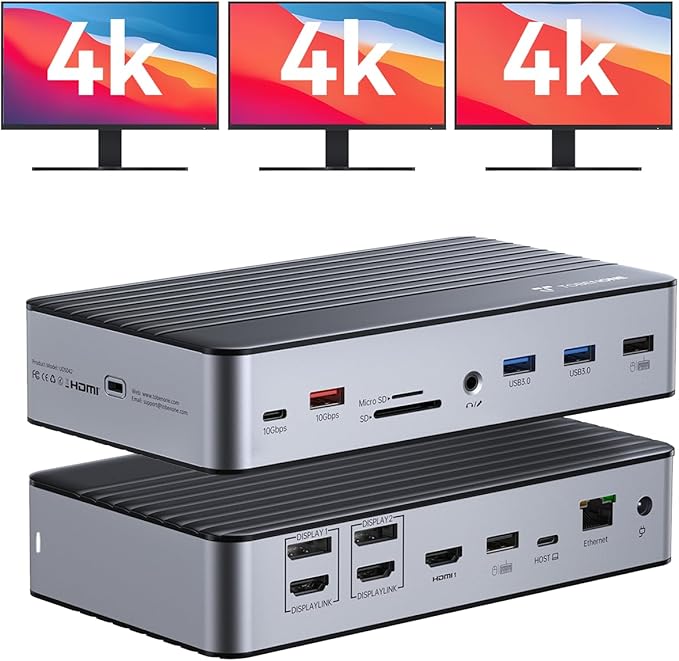 TobenONE DisplayLink Docking Station 3 Monitors with 3 HDMI(4K@60Hz), USB C Docking Station with 120W Charger, for MacBook Pro/Air, Thunderbolt 4/3, USB-C Windows(2 DP, 6 USB, Ethernet, SD/Micro SD)