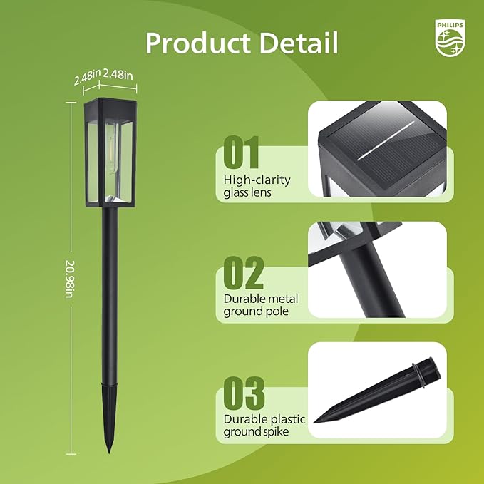 Philips 2 Packs Solar Pathway Lights Outdoor, Glass Metal Led Garden Landscape Lightings, 3000K Warm White, Waterproof for Decor Yard, Walkway, Patio, Driveway, Lawn