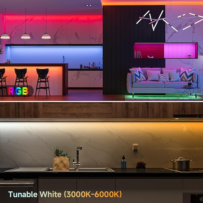 COB RGBCCT LED Strip Lights 9.8FT RGB + Tunable White 3000K-6000K, 24V Flexible High Density Strips 840LEDs/m, Cuttable 12mm Width Tape Light for Bedroom Kitchen Cabinet (No Power/Controller)