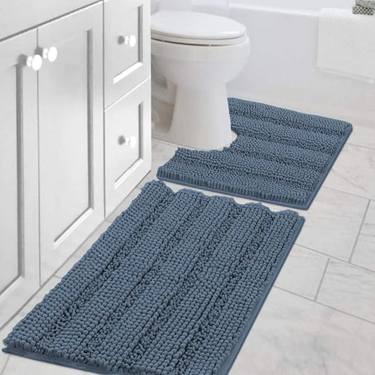 H.VERSAILTEX Bathroom Rug Sets 2 Piece Bath Mats Non Slip Thick Soft Chenille Striped Bath Rug achine Washable Shower Floor Rugs for Tub, Shower and Floor (Blue Indigo, 20"x32" Plus 20"x20" U)