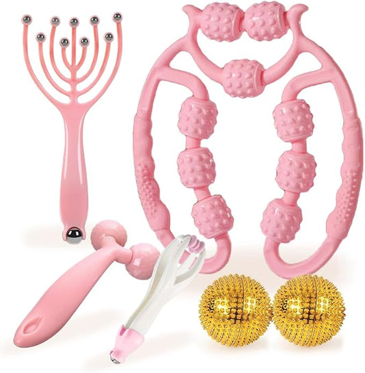 5-in-1 Leg Roller, Massage Roller for Legs, Muscle Roller Stick Trigger Point Muscle Roller (9 Rolls), Dual-Side Finger Massager, Hand-Held Roller, Head Massager, Scalp Massager, 2 Spiky Hand Balls.