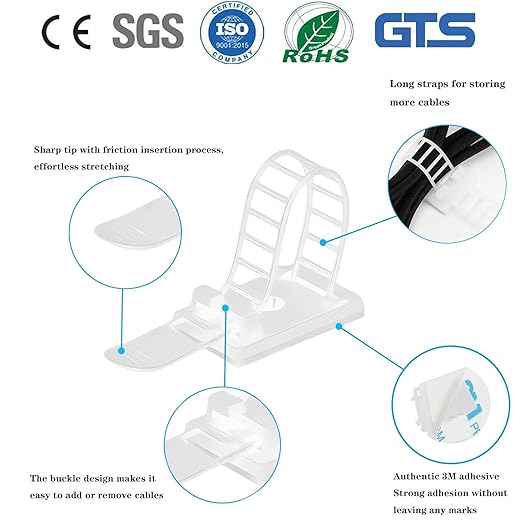 Adjustable 3M Adhesive Cable Management Clips 100Pcs, Large self Adhesive Cable Ties Clips ，Suitable for Cable Management Under desks and on Walls(White)