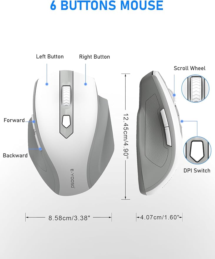 E-YOOSO Wireless Mouse for Laptop, 2.4GHz Computer Mouse 5 Adjustable DPI Office Cordless Mice with USBA Receiver, 6 Buttons, 4000 DPI, Medium to Large Sized Hands Compatible with PC, Laptop, Desktop