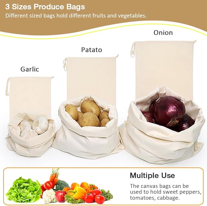 6PC Canvas Drawstring Bags, 3 Size (M, L, XL) Cotton Bag Easy to Use, Reusable Produce Bags for Vegetables, Fruits and Bread