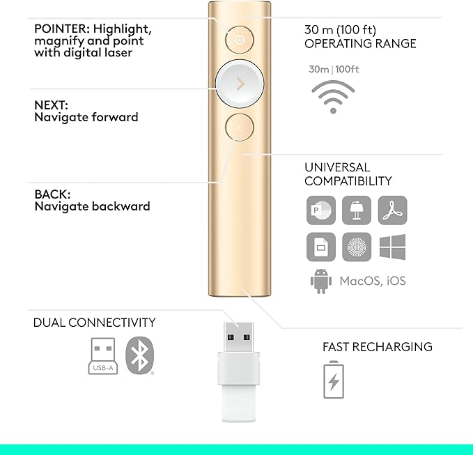 Logitech Spotlight Presentation Remote - Universal Wireless Presentation Clicker with Laser Pointer, Advanced Digital Highlighting, Bluetooth, 30 m Range and Quick Charging - Gold