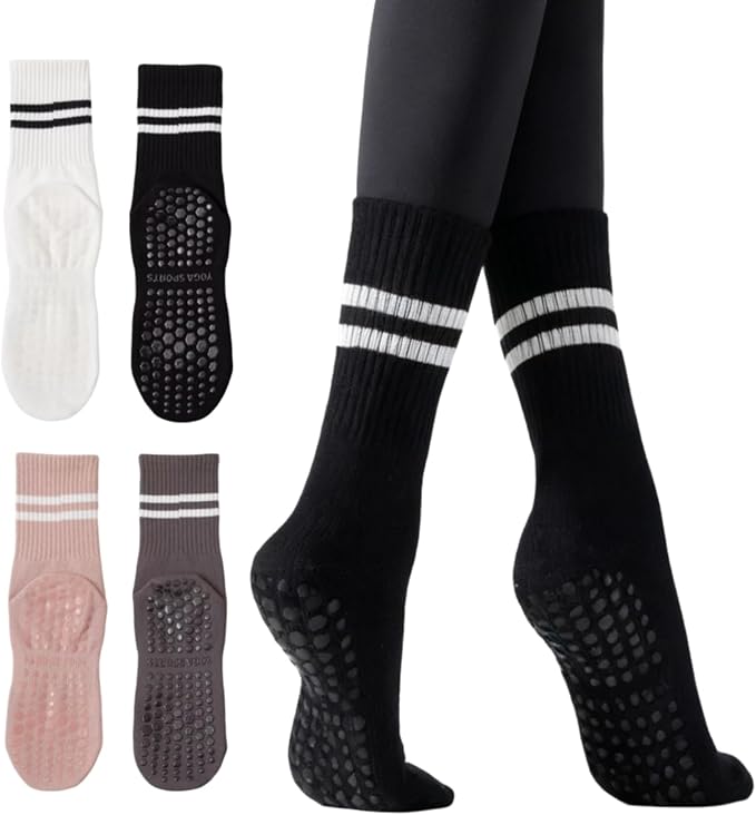 Yoga Socks with Non-Slip Grips for Women - 4 Pairs Pilates, Barre, Gym, Dance Workout Anti-Skid Socks