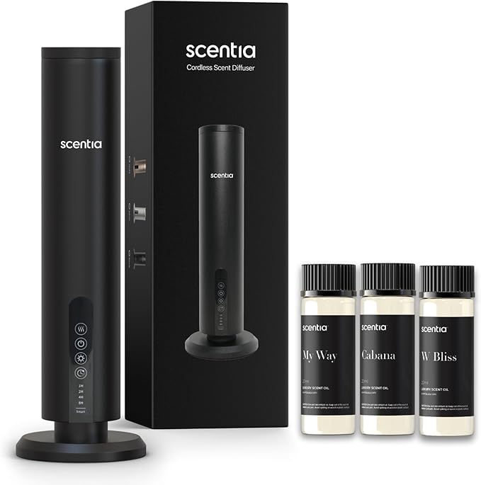 Max Wireless Diffuser for Home – Rechargeable Battery-Operated Waterless Scent Diffuser |Covers 1500 Sq Ft | Cold-Air Technology | Black | Hotel-Inspired Oils Included