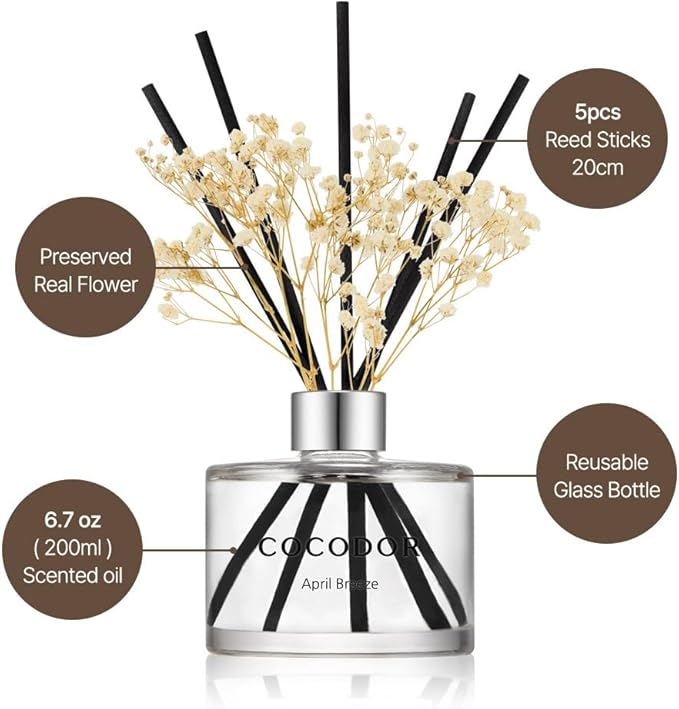 COCODOR Preserved Flower Reed Diffuser/Freesia&Pear/6.7oz/1Pack / Home Fragrance Scent Essential Oil Stick Diffuser for Bedroom Bathroom Home Décor