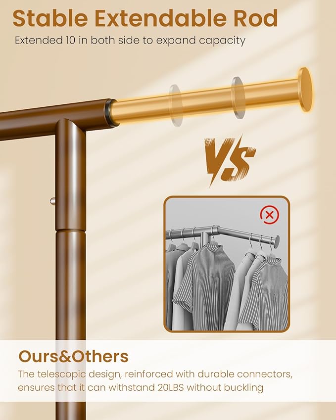 Heavy Duty Clothing Rack, Metal Clothes Rack Load 450 LBS, Rolling Coat Racks for Hanging Clothes with Lockable Wheels, Wardrobe Closet Garment Racks for Bedroom, Brown