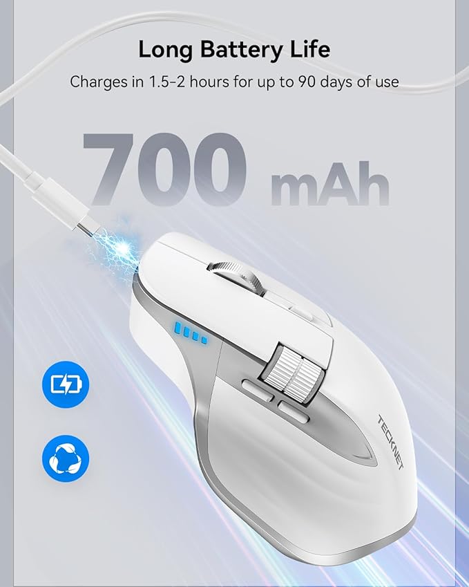 TECKNET Wireless Mouse, Bluetooth Mouse (BT5.0/5.0 & 2.4G) Rechargeable 4800 DPI Ergonomic Optical Mouse with 6 Adjustable, Quiet Clicks, USB A Receiver, 7 Buttons, Wide Compatibility - White