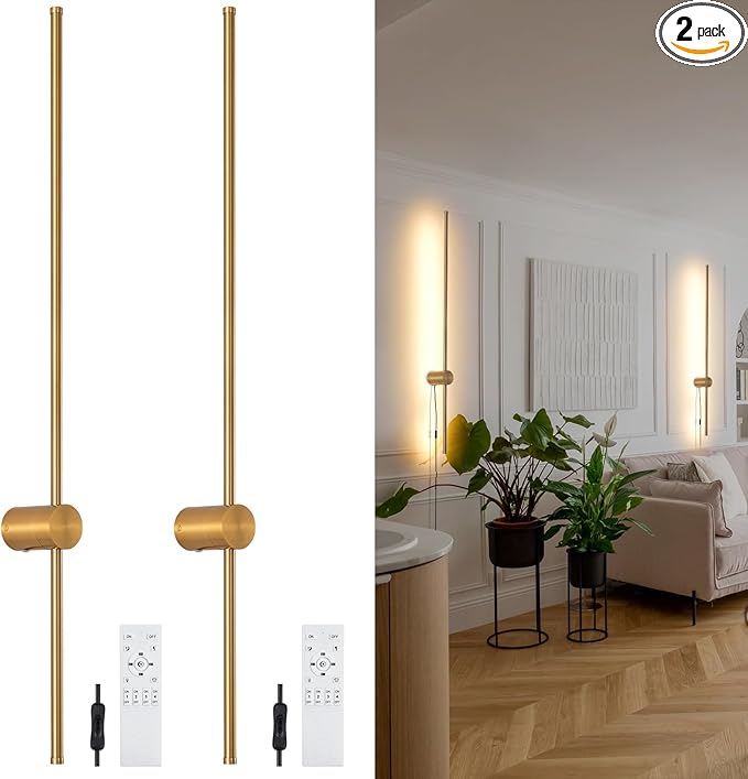 Dimmable Plug in Wall Sconce Set of 2, Gold 39.37" LED Wall Light with Remote, Adjustable Color Temperature Brightness Wall lamp with Timer for Living Room,Bedroom and Accent Lighting