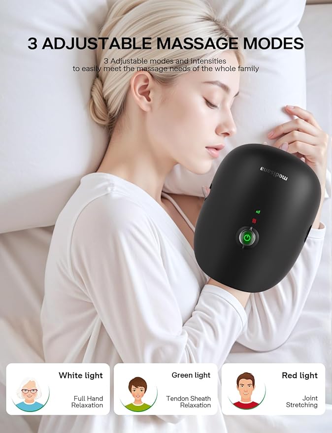 Medisana Hand Massager with Heat and Compression, Cordless Hand Massager for Arthritis and Carpal Tunnel Relief, Knuckle Stretching Massage, Personalized Birthday Gifts for Women/Men-Black