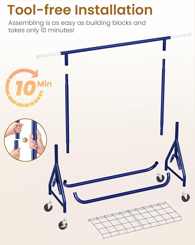Heavy Duty Clothing Rack, Metal Clothes Rack Load 450 LBS, Rolling Coat Racks for Hanging Clothes with Lockable Wheels, Wardrobe Closet Garment Racks for Bedroom, Navy Blue