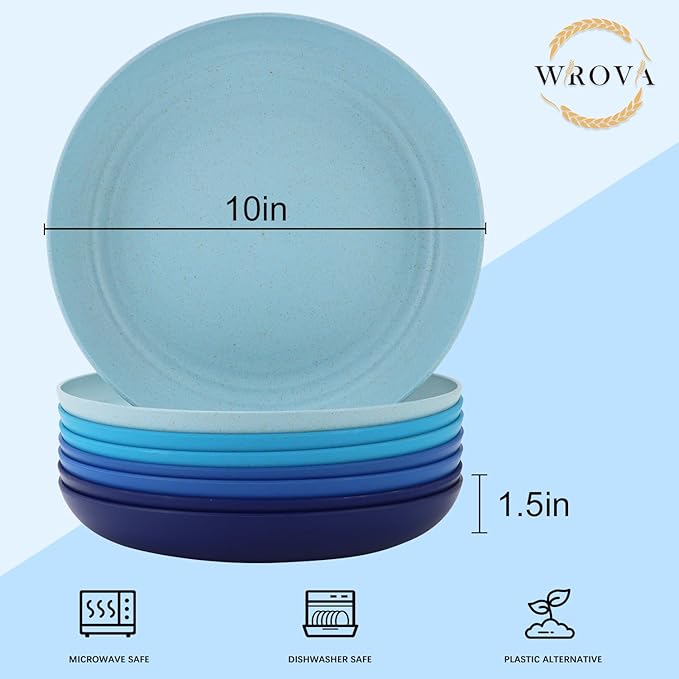 Wheat Straw Plates - 10 Inch Unbreakable Dinner Plates Set of 8 - Dishwasher & Microwave Safe Plastic Plates Reusable - Lightweight Plates for kitchen,camping (Ocean Series)