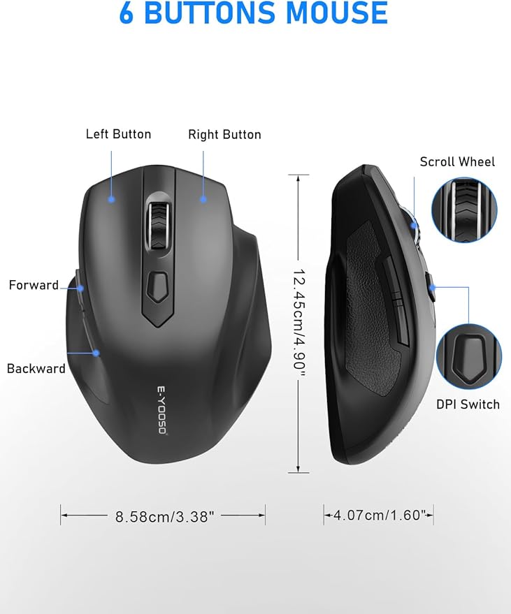 E-YOOSO Wireless Mouse for Laptop, 2.4GHz Computer Mouse 5 Adjustable DPI Office Cordless Mice with USBA Receiver, 6 Buttons, 4000 DPI, Medium to Large Sized Hands Compatible with PC, Laptop, Desktop