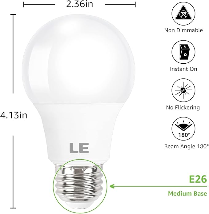 LE LED Light Bulbs 60 Watt Equivalent, 9W 800 Lumens Non-Dimmable, Daylight White 5000K, A19 E26 Standard Medium Base, 10000 Hour Lifetime 5 Count (Pack of 1)