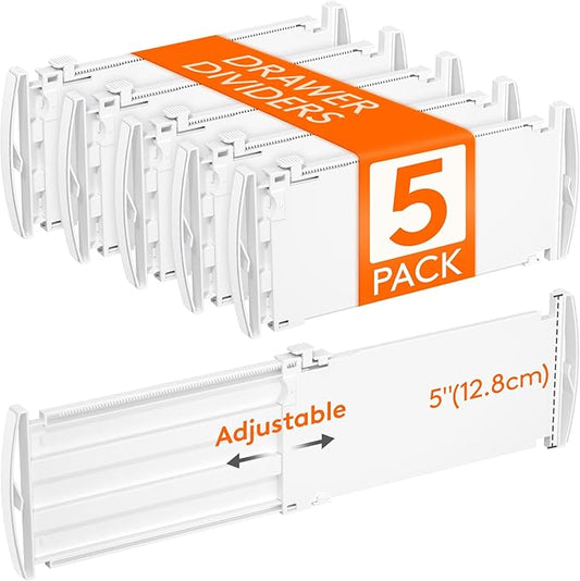 Lifewit 5" Tall 5 Pack Deep Drawer Dividers, 11.5-18.5" Expandable Drawer Divider for Clothes, White Dresser Drawer Storage Organizers, Clothing Drawers Separators for Dresser, Kitchen, Bedroom