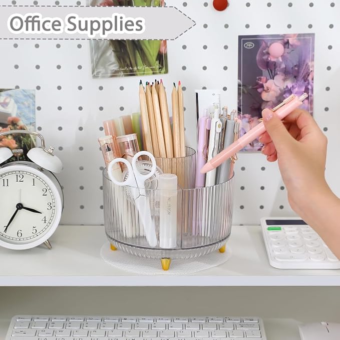SKYDUE Rotating Pencil Pen Holder, Pen Organizer with 5 Slots - Aesthetic Desk Organizer and Accessories for School, Home, Office Supplies, Clear