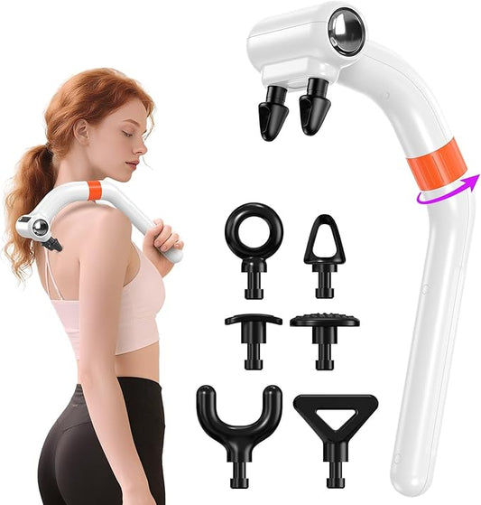 Dual-Head Massage Gun Deep Tissue with 3-in-1 Detachable Extension Handle, Handheld Percussion Back Massager for Muscle Neck Shoulder Body Pain Relief - 6 Speeds Levels (White)