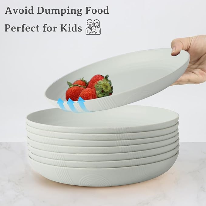 Wheat Straw Plates - 9 Inch Unbreakable Dinner Plates Set of 8 - Dishwasher & Microwave Safe Plastic Plates Reusable for kitchen and camping (light grey)