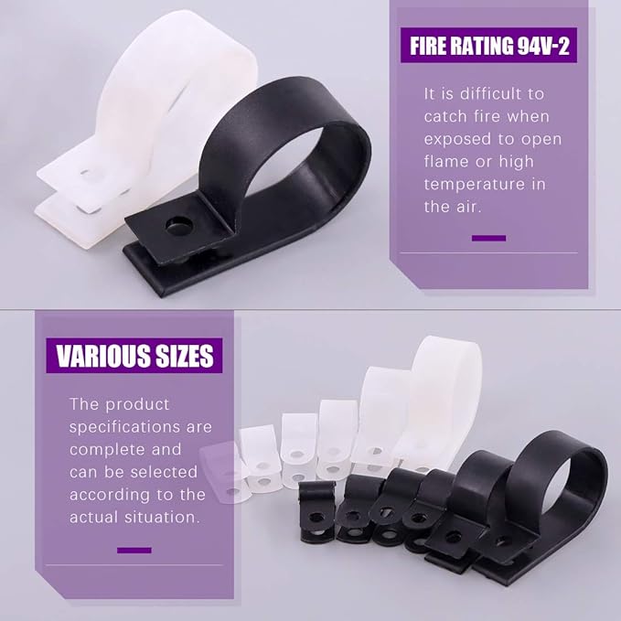 Swpeet 135 Pack 6 Sizes White+Black Nylon Plastic R-Type Cable Clips Clamp Assortment Kit, 3/16" 1/4" 3/8" 1/2" 3/4" 1" Nylon Screw Mounting Cord Fastener Clips with 135Pcs Screws for Wire Management