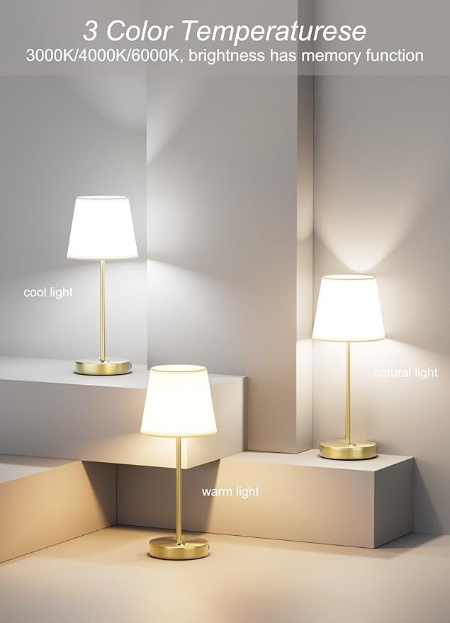 2 Pack Cordless LED Table Lamps, Battery Operated Fabric Shade Desk Lamp, 3 Color Stepless Dimmable Rechargeable Lamp for Dinner/Restaurant/Bedroom/Bars/Camping(Gold)
