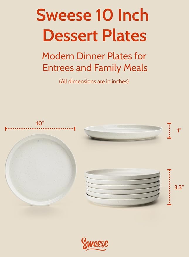 Sweese Porcelain Dinner Plates Set, 10 Inch, Round Salad Plates, Dove Gray - Dishwasher, Microwave Oven Safe