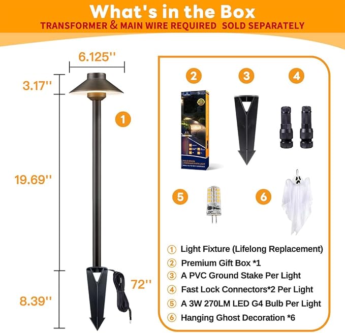 Halloween Low Voltage Brass Pathway Light Kit (6 Path Lights, 6 Hanging Ghost) LED Landscape Decor, Garden Lighting Outdoor Waterproof IP65, 12V Wired for Yard Party with 2700K G4 Bulb