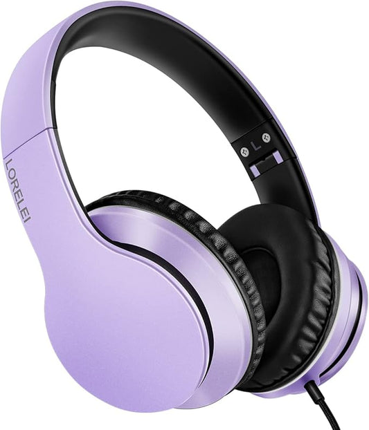 Lorelei X6 Over-Ear Headphones with Microphone, Purple-Black Lightweight Foldable & Portable Stereo Bass, Wired for Smartphone & Tablet, MP3 (1.45M No-Tangle)