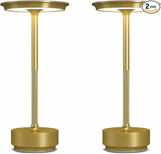 2 Pack Cordless Table Lamps Rechargeable, 5000mAh Portable LED Table Light, 3 Color Stepless Dimming Battery Powered Table Lamp, for Patio/Restaurant/Home/Outdoor.(Brushed Gold)
