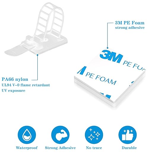 Adjustable 3M Adhesive Cable Management Clips 100Pcs, Large self Adhesive Cable Ties Clips ，Suitable for Cable Management Under desks and on Walls(White)