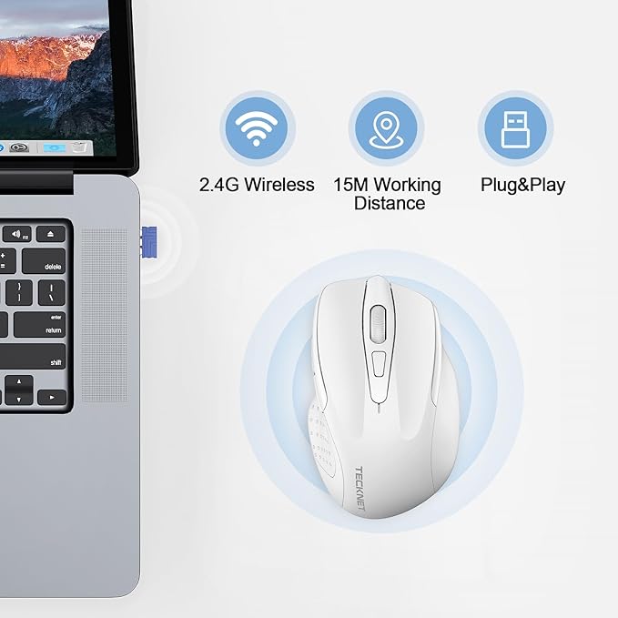 TECKNET Rechargeable Wireless Mouse, 2.4G Silent Quiet Click, 6 Adjustable 4800 DPI, Cordless Computer Mouse, Ergonomic Mouse for Laptop, 6 Buttons USB for Chromebook, Ergo Grip - White