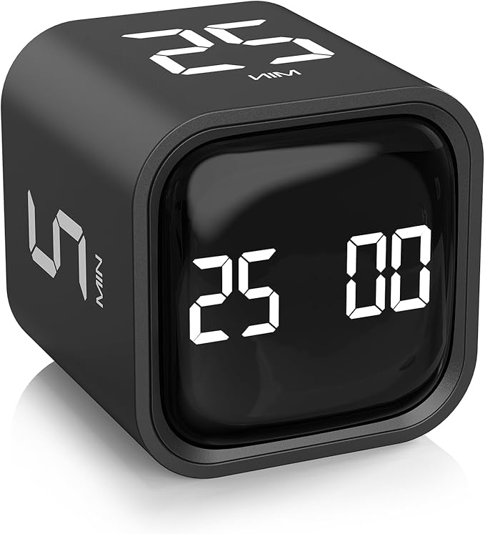 Rotating Pomodoro Timer 5, 25, 10 50 Minutes Preset, Desk Productivity Flip Timer, ADHD Tool Cube Countdown Stopwatch, Vibration/High/Low Volume/Custom Modes, for Work, Study, Back to School, Kitchen