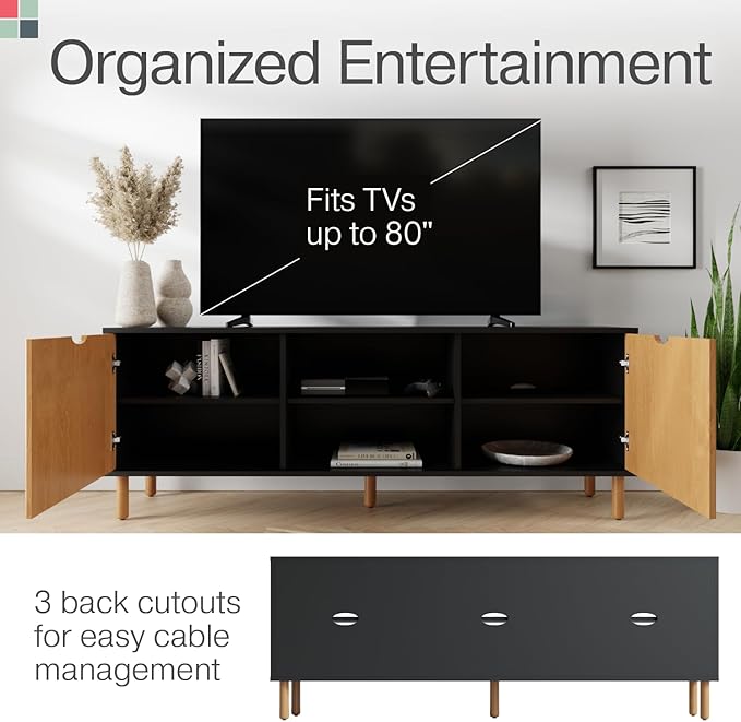 Modern Fluted TV Stand & Media Console - 70-Inch, Fluted Black & Oak - Entertainment Center for 32-80-Inch Screens with Soft-Close Doors & Cord Management