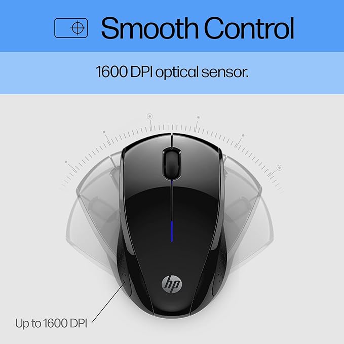 HP X3000 G3 Wireless Mouse - Black, 15-Month Battery, Side Grips for Control, Travel-Friendly, Blue LED, Powerful 1600 DPI Optical Sensor, Compatible with Wins PC/Laptop, Mac, Chromebook (683N7AA)