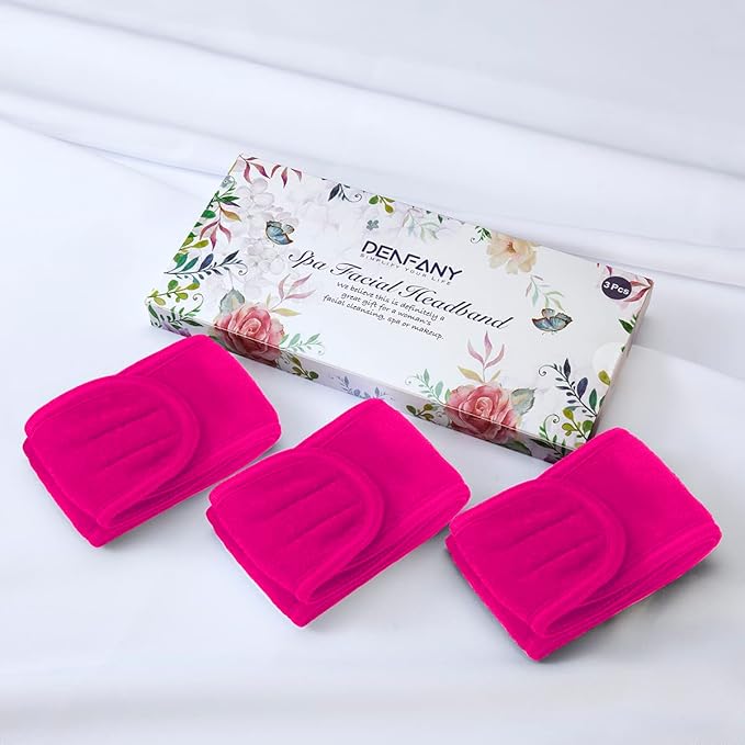 Denfany 3 Pack Makeup Headband, Ultra Soft Adjustable Spa Facial Headbands Terry Cloth Stretch Make Up Wrap for Face Washing, Bathing, Showers (Rose Red)