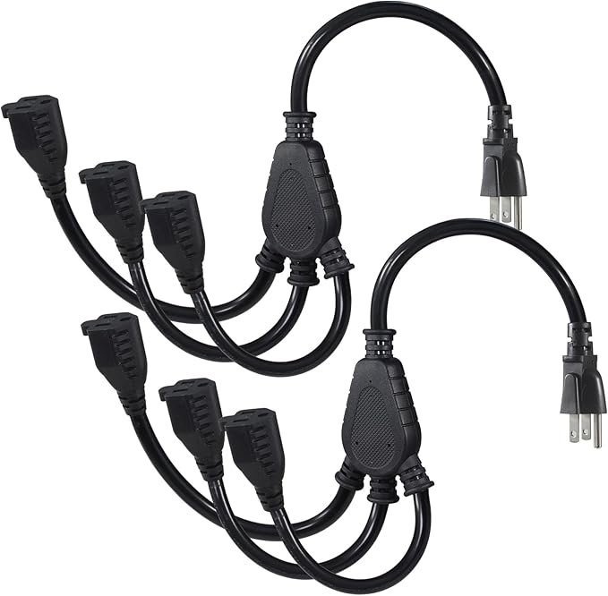 KUNCAN 3-Outlet Splitter Extension Cord - 3 Prong 1 to 3 Way Power Splitter Extension Cable, 1FT 16AWG 13A/1625W, NEMA 5-15P to 3*NEMA 5-15R Y Style Extension Cord (Black 2-Pack)