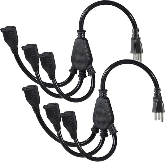 KUNCAN 3-Outlet Splitter Extension Cord - 3 Prong 1 to 3 Way Power Splitter Extension Cable, 1FT 16AWG 13A/1625W, NEMA 5-15P to 3*NEMA 5-15R Y Style Extension Cord (Black 2-Pack)