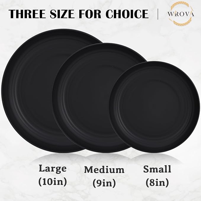 Wheat Straw Plates - 9 Inch Unbreakable Dinner Plates Set of 8 - Dishwasher & Microwave Safe Plastic Plates Reusable - Lightweight Plate for kitchen,camping (pure black)