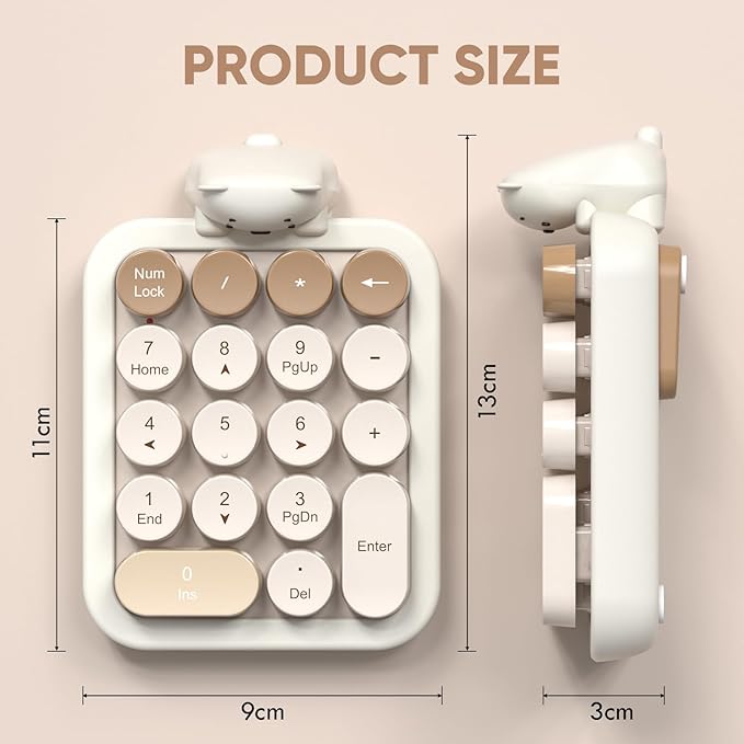 MOFII Wireless Number Pad with Bear - Mixed Milktea Numeric Keypad 18 Keys 2.4G Round Keycap Colorful Extensions Cute Numpad, Portable Accounting Financial Retro Numpad 10 Key for Laptop/PC/Notebook
