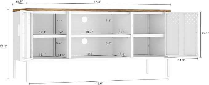 Manhattan Comfort Landen 47" Modern Metal TV Stand with Storage Cabinets & Open Shelves, Holds Up to 40" Screen, TV Console with Natural Wood Top, Cable Management, Adjustable Legs, White