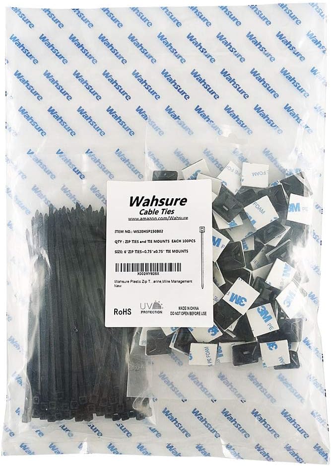 Strong Self Adhesive Wire Clips Cable Zip Tie Mounts 3/4" with 6 Inch Zipties Black UV Protection Outdoor 100 Pcs,Sticky Wire Fasteners Cable Guide Management Mounting Suqare Holder Anchor Base Small