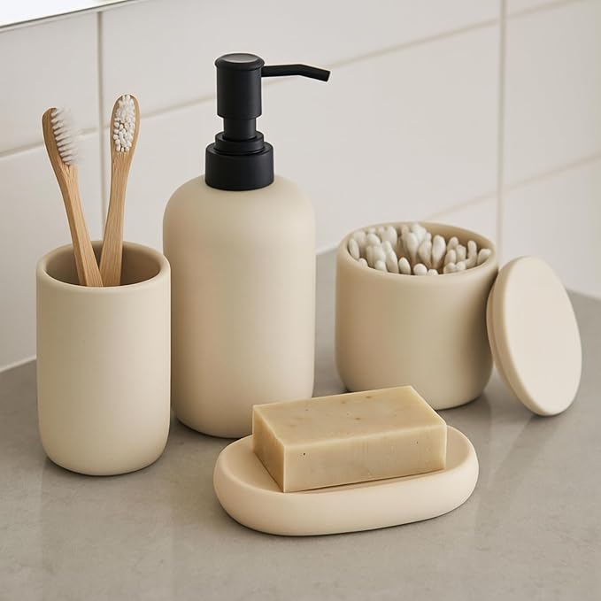 Ceramic Bathroom Accessories Set 4 Pcs - Modern Scandinavian Neutral Soap Dish & Dispenser Toothbrush Holder Cup - Minimalist Countertop Accessory Set - Cream Light Beige Off-White Bathroom Decor