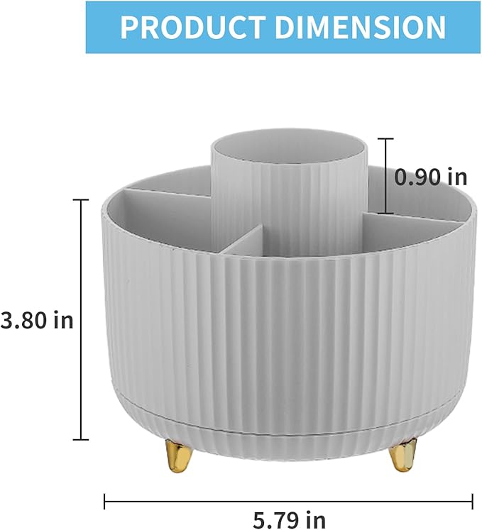 Marbrasse Desk Organizer, 360-Degree Rotating Pen Holder, Desk Organizers and Accessories with 5 Compartments Pencil Holder, Art Supply Storage Box Caddy for Office, Home (Grey)